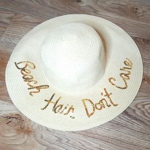 Womens Cream Floppy Beach Hat Gold Sequined